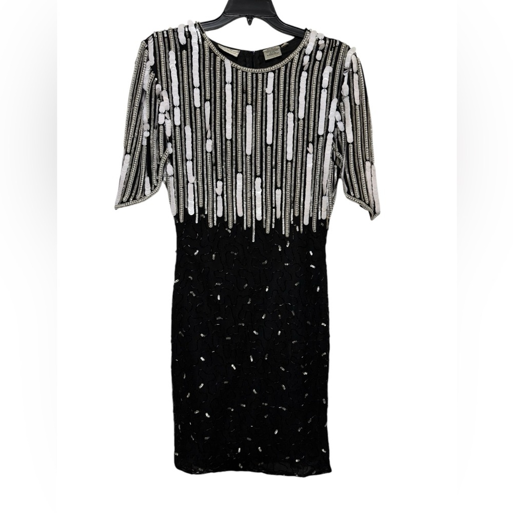Vintage Beaded Drama 100% Silk Sequin‎ Black White Formal Flapper Dress Small
